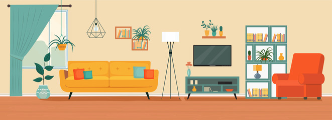 Wall Mural - Living room interior. Comfortable sofa, TV,  window, chair and house plants. Vector flat illustration