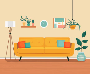 Wall Mural - Furniture: sofa, bookcase, picture. Living room interior.Flat style vector illustration