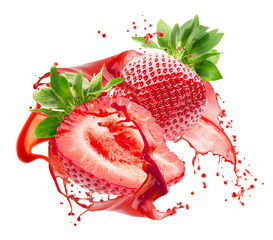 Wall Mural - strawberries in juice splash isolated on a white background