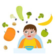 Little kid and wholesome food. Banana, apple, plum, zucchini, broccoli, pumpkin