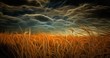 Oil painting. Dramatic clouds over field of wheat