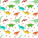 Fototapeta Dinusie - pattern of cartoon dinosaurs, diplodocus, stegosaurus, pteranodon