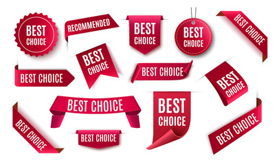 Canvas Print - Best choice tags, vector red labels isolated on white background. Best choice 3d ribbon banners