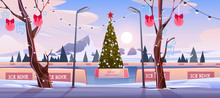 Christmas Ice Rink With Fir Tree Decorated With Illumination And Festive Baubles. Empty Public Place In Park For Skating Walking And Recreation On Winter Mountain Landscape Cartoon Vector Illustration