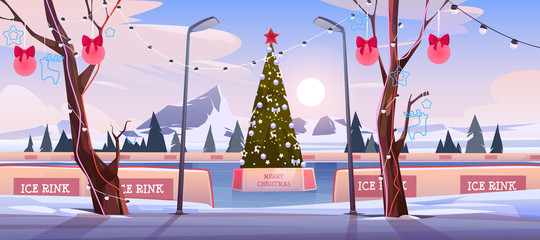 Christmas ice rink with fir tree decorated with illumination and festive baubles. Empty public place in park for skating walking and recreation on winter mountain landscape Cartoon vector illustration