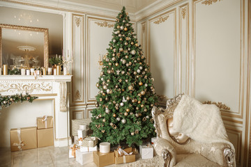 Wall Mural - luxurious apartments with decorated christmas tree. Living hall high windows, columns and stucco.
