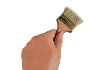 Man hand holds a brush. Isolated closeup on white background. Concept of painting decoration, home improvement or renovation. Paintbrush as a working tool for dyeing