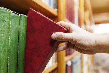 Wall Mural - Female Hand taking from shelf in library