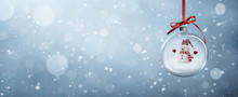Happy Snowman In The Christmas Bauble Over The Winter, Snowy Background With Copy Space