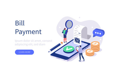 Wall Mural - People Characters paying Bill on Smartphone. Woman and Man Characters checking Online Receipt or Invoice. Online Banking Technology and Mobile Payment Concept. Flat Isometric Vector Illustration. 