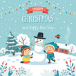 © Biscotto Design - Merry christmas greeting card with children making snowman and text. Cute vector illustration in flat style