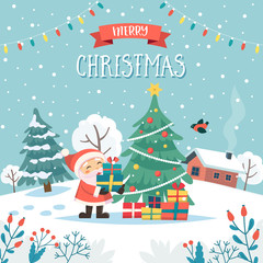 Wall Mural - Santa with christmas gifts. Merry christmas greeting card with text. Cute vector illustration in flat style