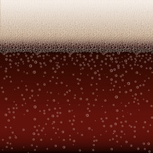 Realistic Bubbles And White Beer Foam. Cool Liquid Drink For Bar, Pub Or Restaurant Menu Design. Dark Stout Porter Horizontal Beer Fest Background In Foam. Cold Glass Of Ale For Brewery Design