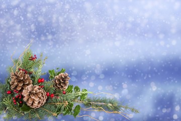 Wall Mural - christmas composition with pine cones and fir branches on a blue winter background