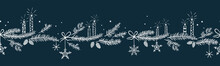 Cute Hand Drawn Horizontal Seamless Pattern With Candles, Branches And Christmas Decoration - X Mas Background, Great For Textiles, Banners, Wallpapers - Vector Design