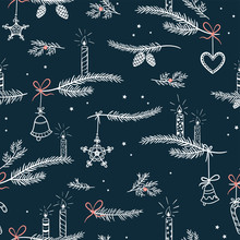 Cute Hand Drawn Seamless Pattern With Candles, Branches And Christmas Decoration - X Mas Background, Great For Textiles, Banners, Wallpapers - Vector Design