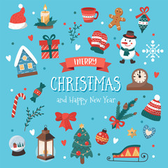 Wall Mural - Set of Christmas elements with text. Cute vector illustration in flat style