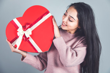 Poster - happy woman hand big red heart