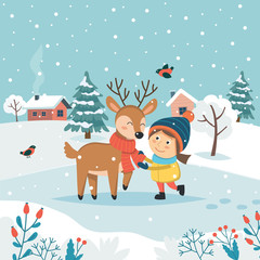 Wall Mural - Girl with reindeer and cute winter landscape. Merry christmas greeting card. Cute vector illustration in flat style