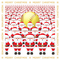 Wall Mural - Merry Christmas. A huge group of Santa Claus with a Softball ball. Funny sports greeting card. Vector illustration.