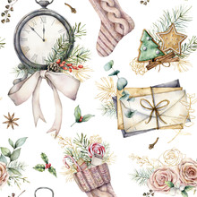 Watercolor Christmas Seamless Pattern With Clock And Sock. Hand Painted Fir Branches, Envelopes And Cookies Isolated On White Background. Holiday Illustration For Design, Print, Fabric Or Background.