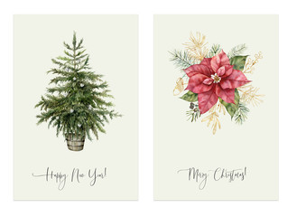 watercolor christmas two cards with holiday phrase. hand painted fir tree with toys and golden poins