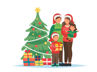 Wall Mural - Family with Christmas tree and gifts. Cute vector illustration in flat style