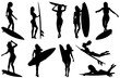 Female surfer and surfboard silhouette poses