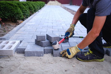 The master in yellow gloves lays paving stones in layers. Garden brick pathway paving by professional paver worker. Laying gray concrete paving slabs in house courtyard on sand foundation base.