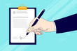 Hand with pen signing a contract. Business document signing, business deal, signature concept. Vector illustration.