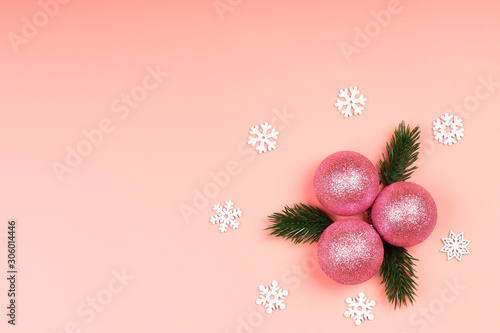 Creative Christmas Minimalistic Composition Christmas Ball On A Pink Background Pink Glitter Christmas Toy With Christmas Tree Branches Top View Flat Style Empty Place For Text Buy This Stock Photo And