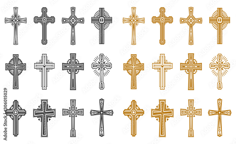 Set of isolated black and yellow religion cross - obrazy, fototapety, plakaty 