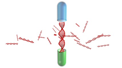 Pill capsule opens and releases drugs , DNA strands. Pharmacogenomics , Pharmacogenetics themes. 3d rendering illustration