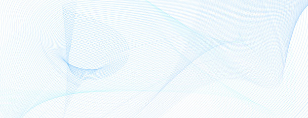 Technology background with light blue wavy lines. Line art grid pattern. Abstract vector guilloche design. Colored watermark. Dynamic subtle curves. Template for banner, voucher, flyer, cheque. EPS10