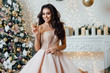 Christmas winter woman with christmas presents. Fairy Beautiful Christmas and Christmas tree Festive make-up. Fashion model girl with a gift box on background of a fireplace in a fairy-tale castle