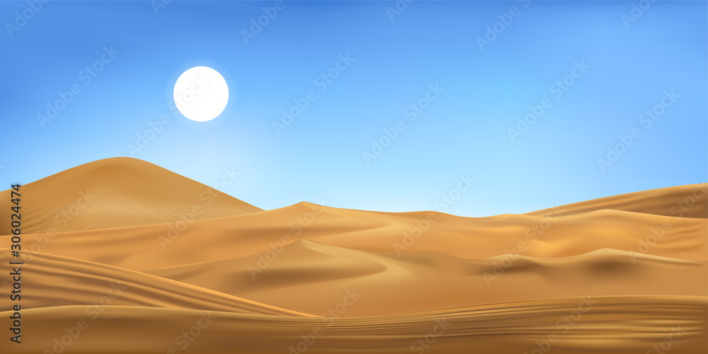 Vector illustration of desert panorama landscape with sand dunes on very hot sunny day summer, Minimalist panoramic cartoon nature empty sand and sun with clean sky. - obrazy, fototapety, plakaty 
