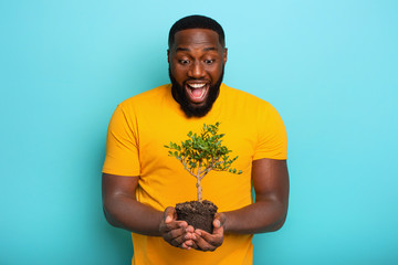 Wall Mural - Happy surprised boy hold a small tree ready to be planted. Concept of forestation