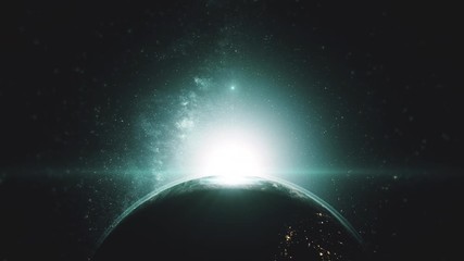 Wall Mural - earth night day transition sunrise world skyline. realistic planet rotating from space. sun flare. 3