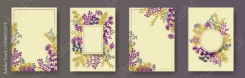 Botanical herb twigs, tree branches, leaves floral invitation cards templates...