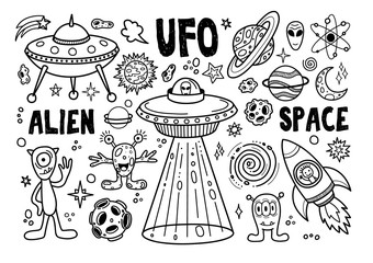 Wall Mural - set of doodle space elements. black objects on white background. vector
