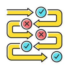 Wall Mural - Survey process color icon. Progress stages. Structure and workflow. Examination steps. Milestones. Correct and incorrect answers. Data flow. Info report and research. Isolated vector illustration