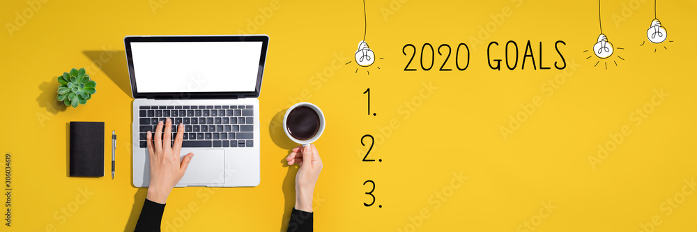 2020 goals with person using a laptop computer - obrazy, fototapety, plakaty 