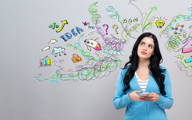 Many thoughts with thoughtful young woman holding a smartphone