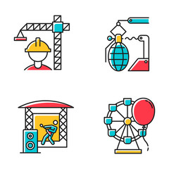 Poster - Industry types color icons set. Construction, arms, music, entertainment economy sectors. Goods and services production. Businesses activities. Isolated vector illustrations