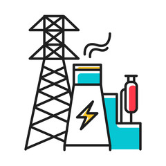 Sticker - Energy industry blue color icon. Power engineering. Electricity generation and transmission. Electrical sector. Nuclear power plant and high voltage tower. Isolated vector illustration