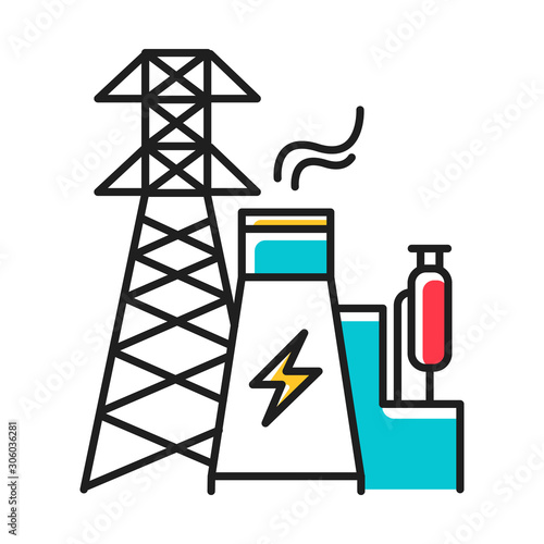 Energy Industry Blue Color Icon Power Engineering Electricity Generation And Transmission Electrical Sector Nuclear Power Plant And High Voltage Tower Isolated Vector Illustration Buy This Stock Vector And Explore Similar Vectors