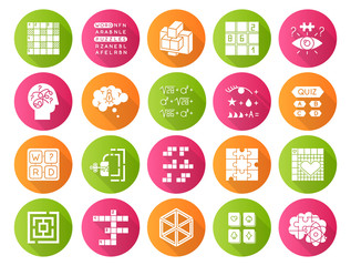 Sticker - Puzzles and riddles flat design long shadow glyph icons set. Mental exercise. Challenge. Language, vocabulary, intelligence test. Brain teaser. Problem solving. Vector silhouette illustration