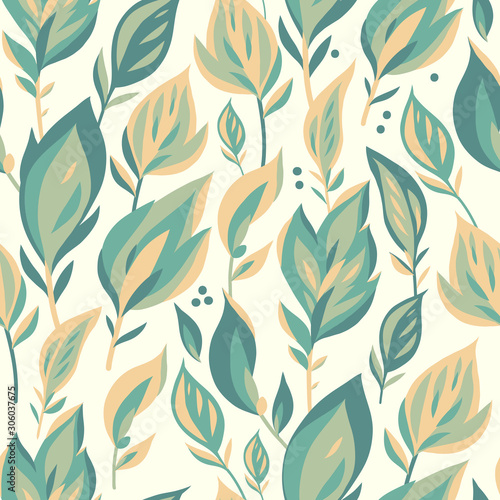 Vector Seamless Pattern On White With Leaves And Branch Abstract
