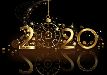 Poster - Happy New Year 2020 background, gold and black with clock