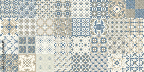 Obraz w ramie Wzór z portugalskimi kafelkami. Wektorowa ilustracja Azulejo na białym tle. Styl śródziemnomorski. Wielokolorowy design.